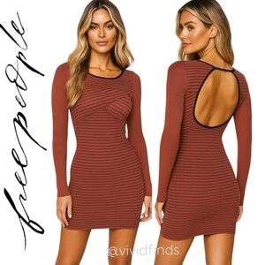 Free People Bodycon Mini Dress Striped Ribbed Long Sleeve Keyhole Cut Out Back S